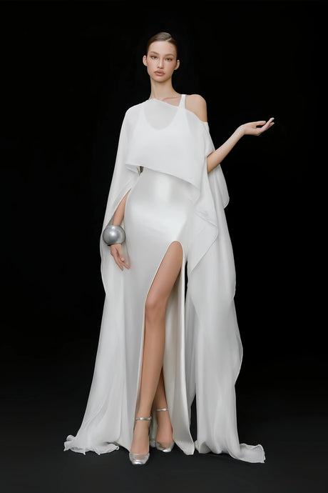 Beppina Maxi Dress White Tiered Cape with High Slit
