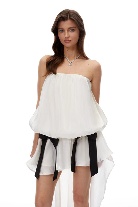 Stefania Mini Dress White Ruched with Bow