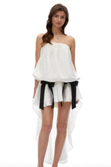 Rosario White Ruched Mini Dress with Bow
