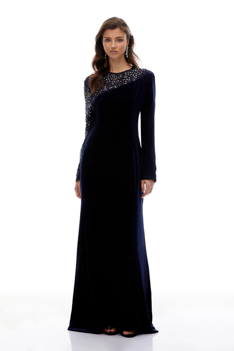 Vanessa Blue Embellished Velvet Maxi Gown