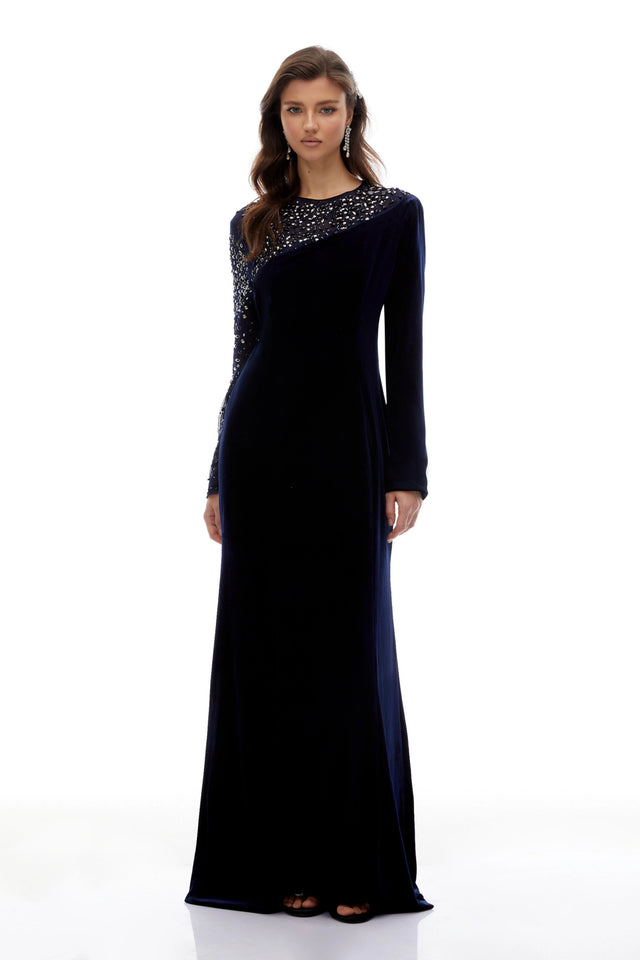 Rosemary Blue Embellished Velvet Maxi Gown