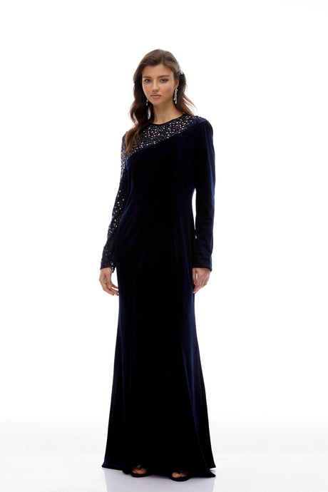 Vanessa Blue Embellished Velvet Maxi Gown