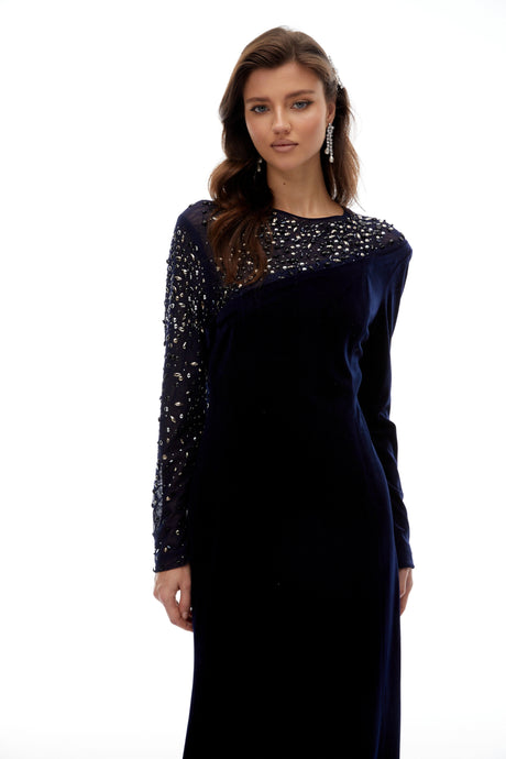 Vanessa Blue Embellished Velvet Maxi Gown