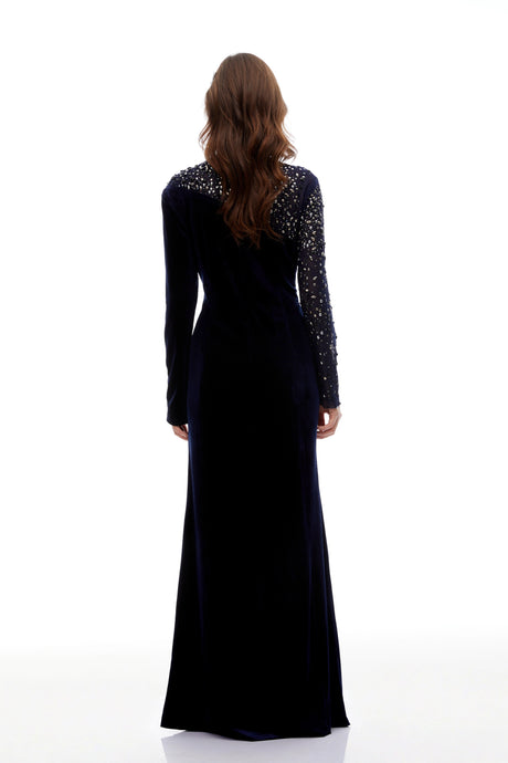 Vanessa Blue Embellished Velvet Maxi Gown