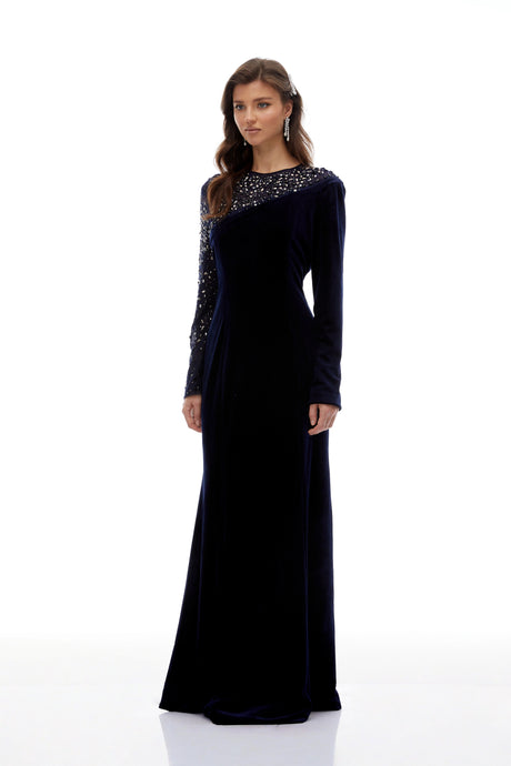 Vanessa Blue Embellished Velvet Maxi Gown