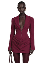 Rosette Burgundy Ruched Blazer Mini Dress