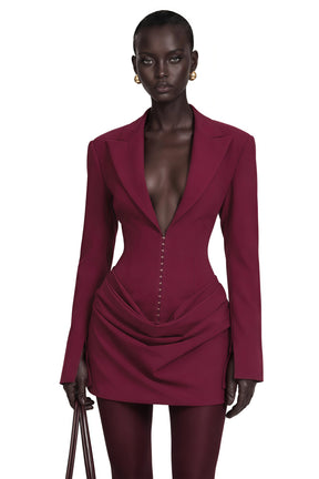 Rosette Burgundy Ruched Blazer Mini Dress
