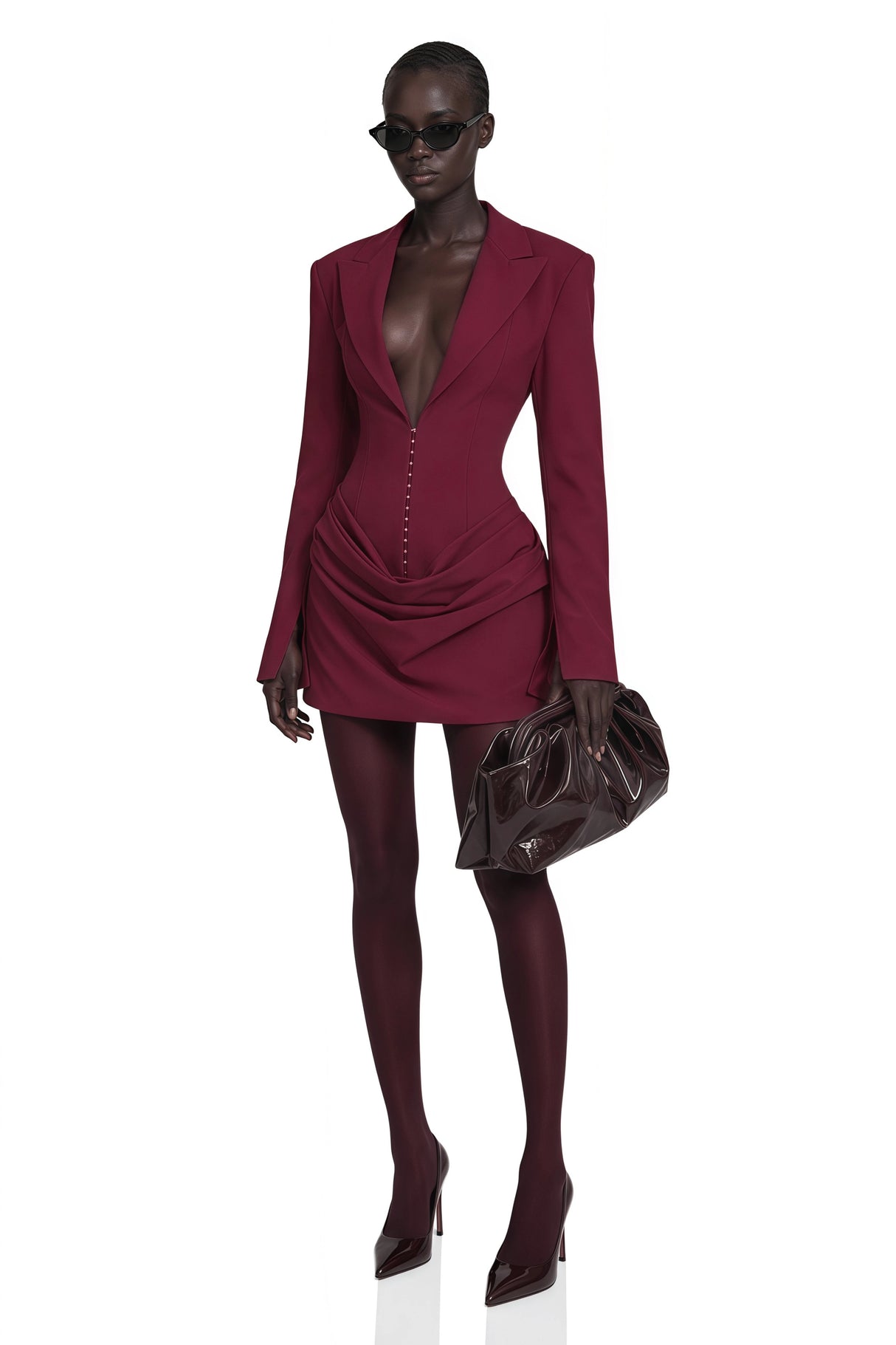 Rosette Burgundy Ruched Blazer Mini Dress