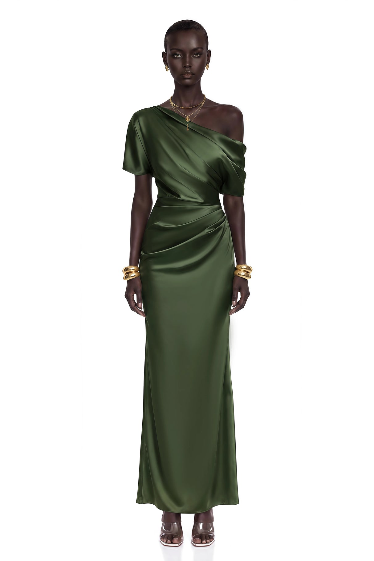 Roshan Emerald Green One Shoulder Satin Maxi Dress