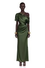 Roshan Emerald Green One Shoulder Satin Maxi Dress