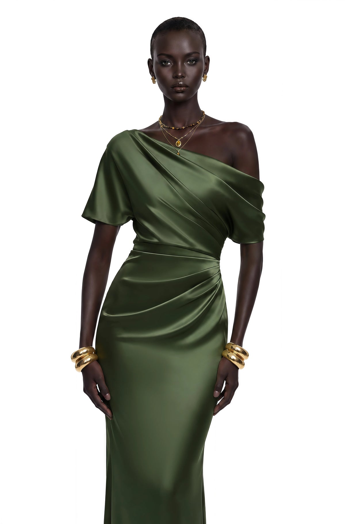 Roshan Emerald Green One Shoulder Satin Maxi Dress