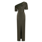 Roshan Emerald Green One Shoulder Satin Maxi Dress