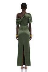 Roshan Emerald Green One Shoulder Satin Maxi Dress