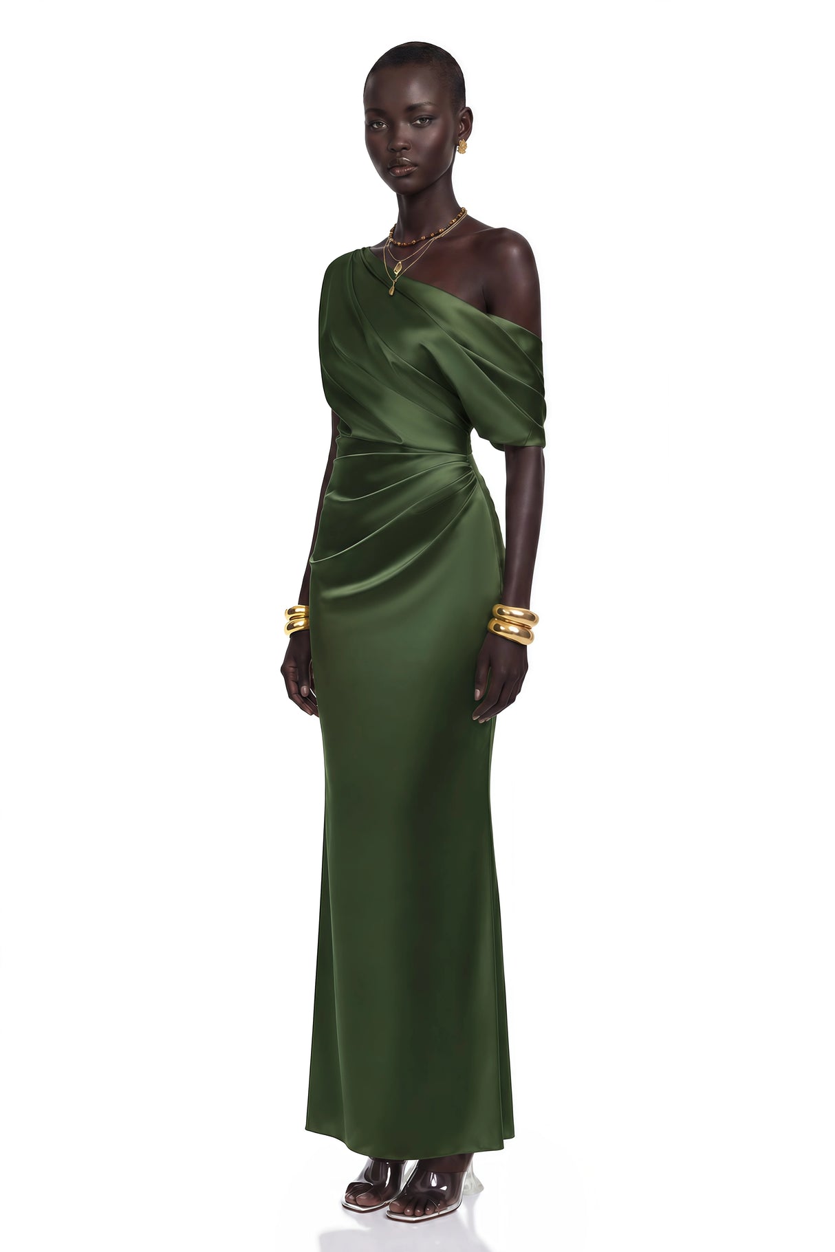 Roshan Emerald Green One Shoulder Satin Maxi Dress