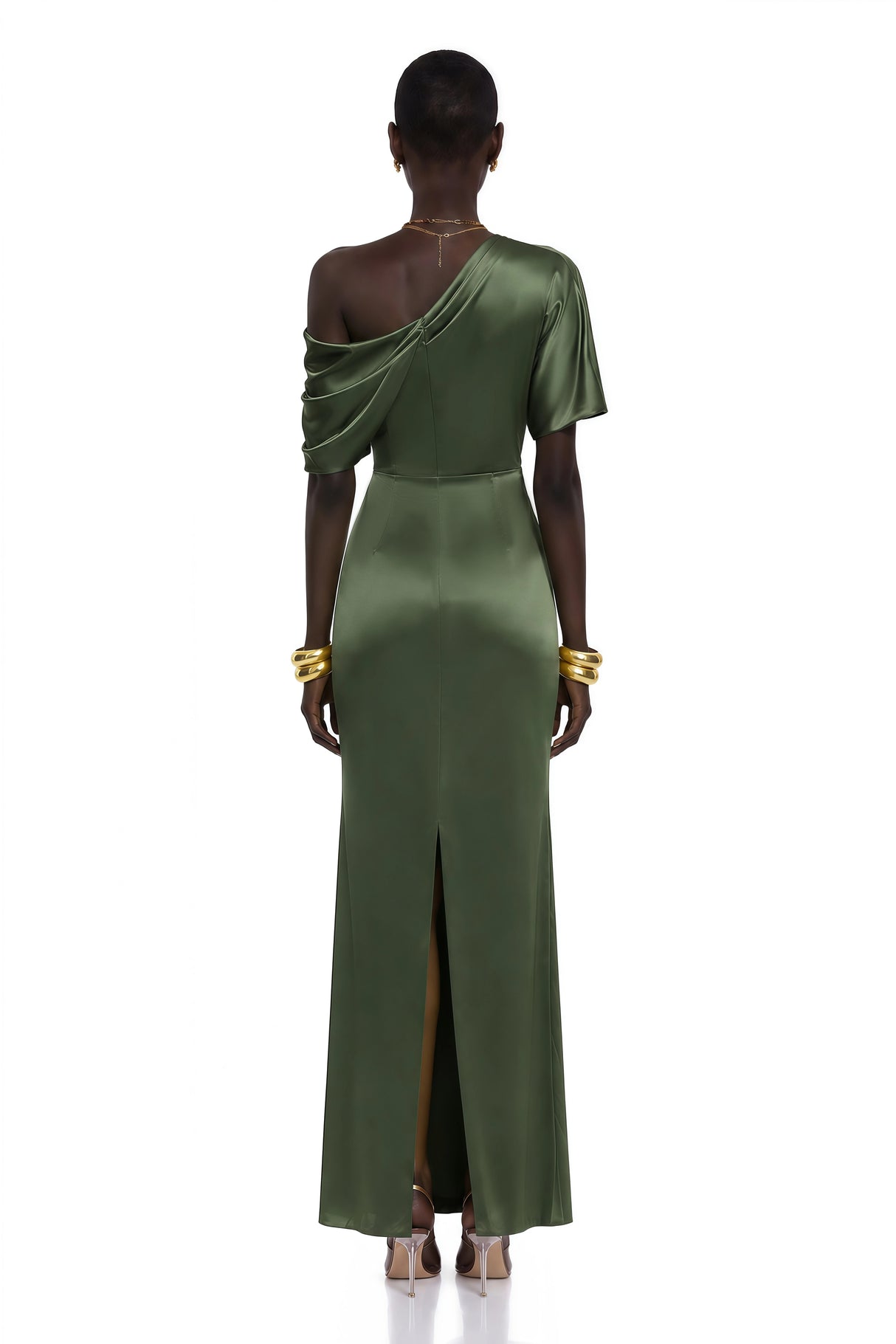 Roshan Emerald Green One Shoulder Satin Maxi Dress