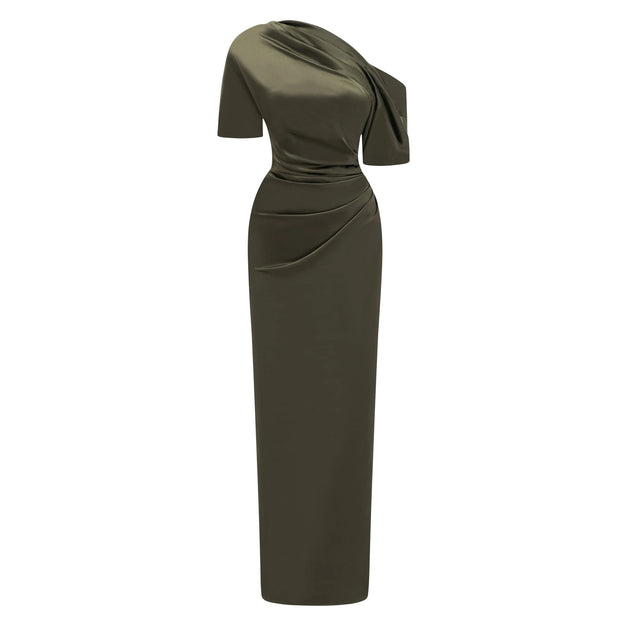 Roshan Emerald Green One Shoulder Satin Maxi Dress
