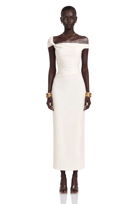 Adelina Midi Dress White One Shoulder with Lace Panels