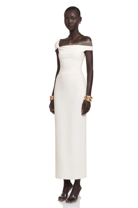 Adelina Midi Dress White One Shoulder with Lace Panels
