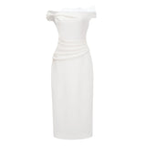 Roshanak White One Shoulder Midi Dress with Lace Panels