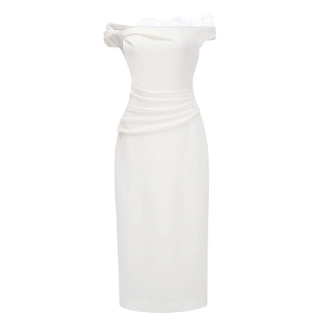 Adelina Midi Dress White One Shoulder with Lace Panels