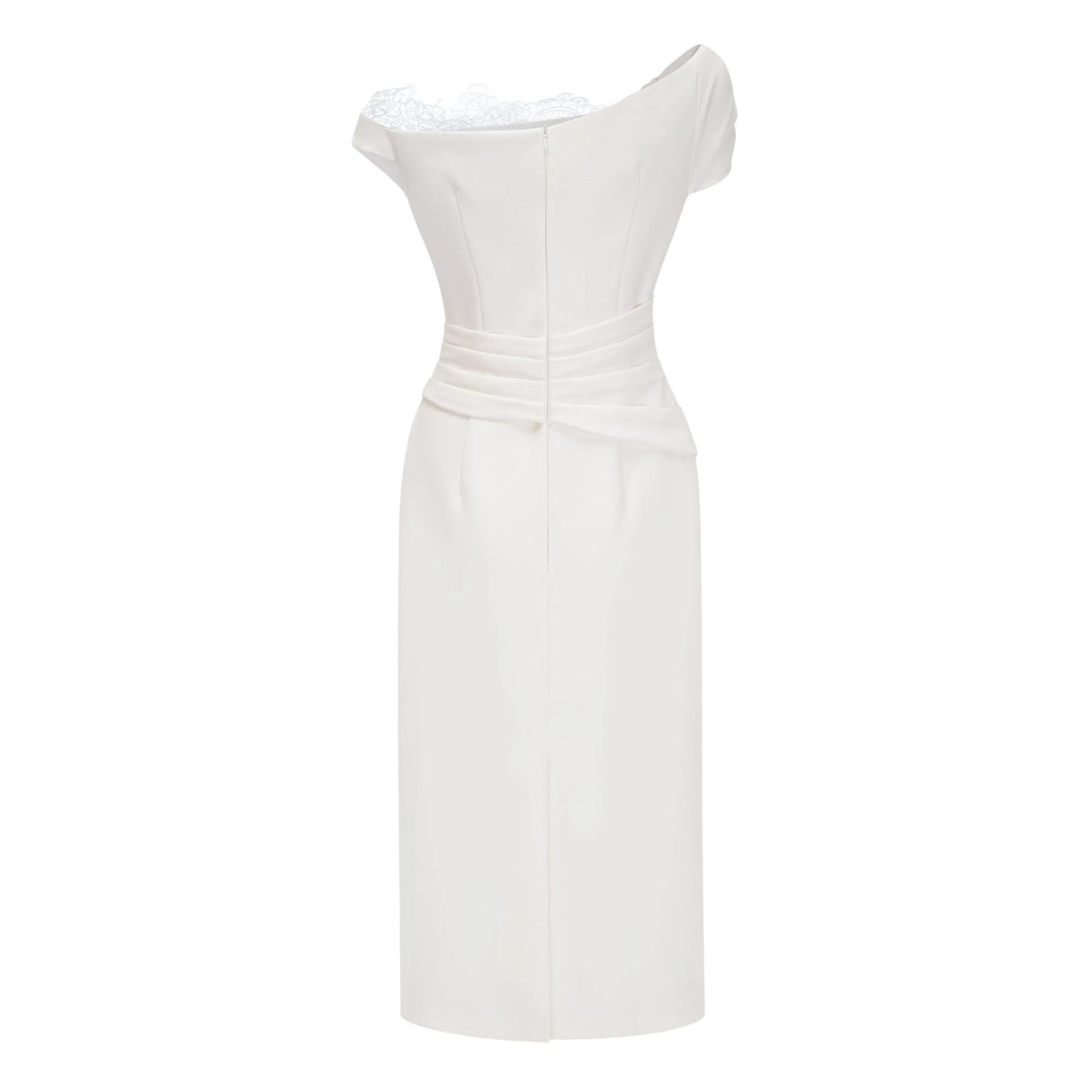 Roshanak White One Shoulder Midi Dress with Lace Panels