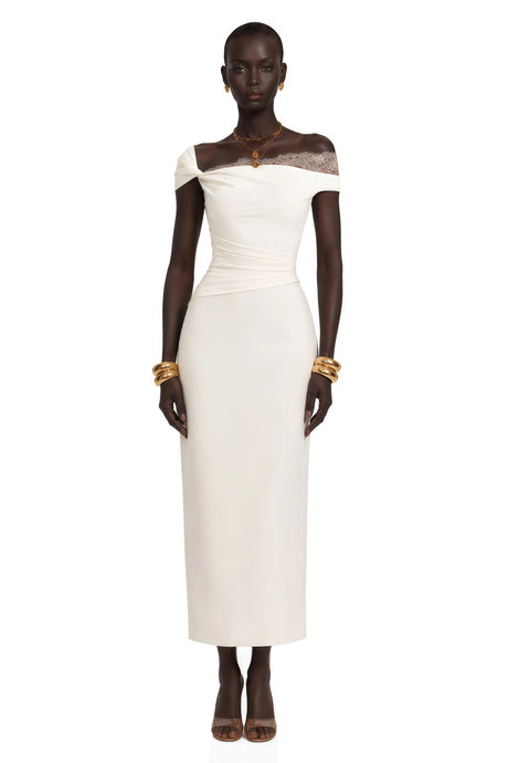 Adelina Midi Dress White One Shoulder with Lace Panels