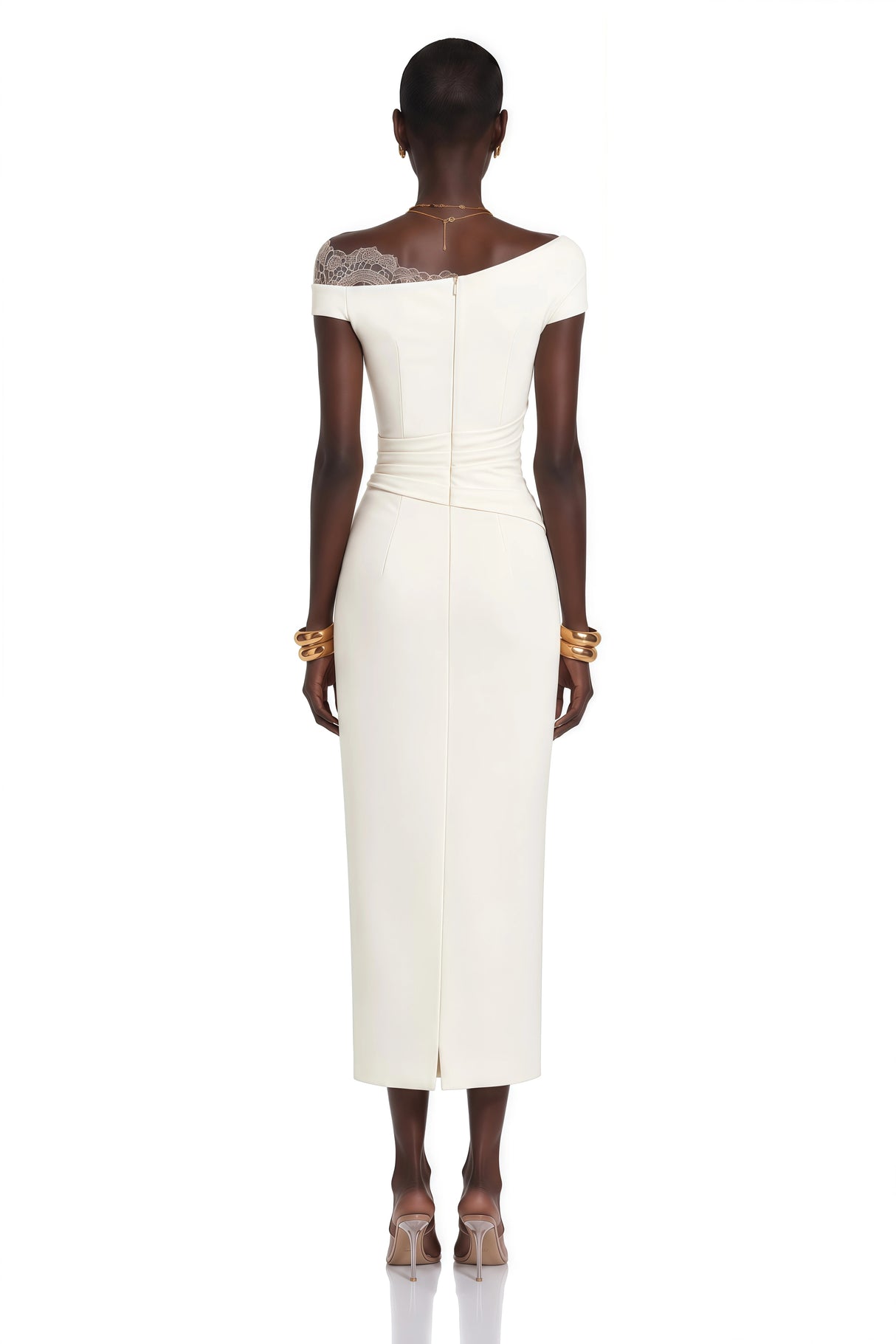 Roshanak White One Shoulder Midi Dress with Lace Panels