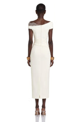 Roshanak White One Shoulder Midi Dress with Lace Panels