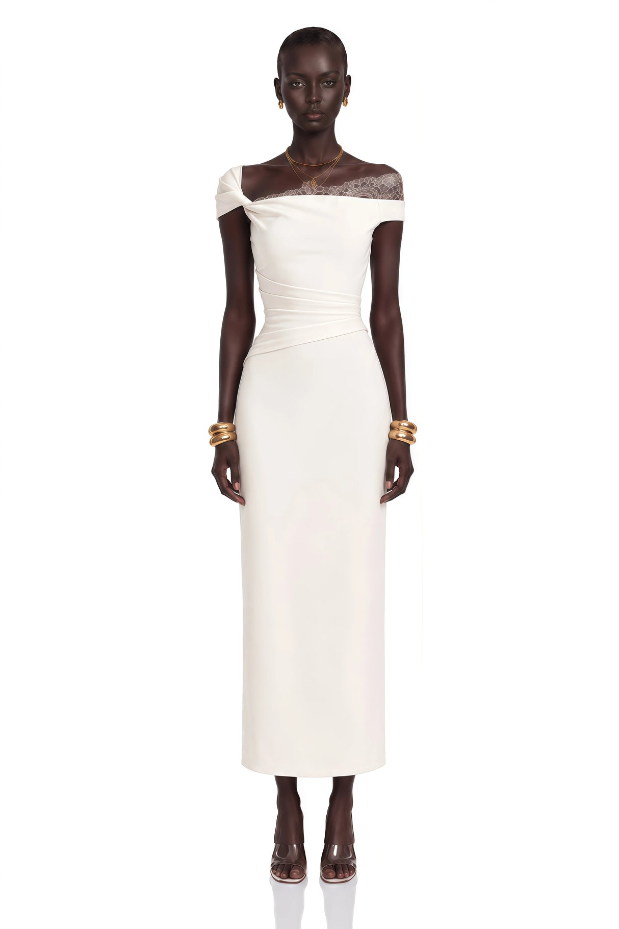 Roshanak White One Shoulder Midi Dress with Lace Panels