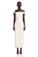 Roshanak White One Shoulder Midi Dress with Lace Panels