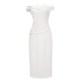 Roshanak White One Shoulder Midi Dress with Lace Panels