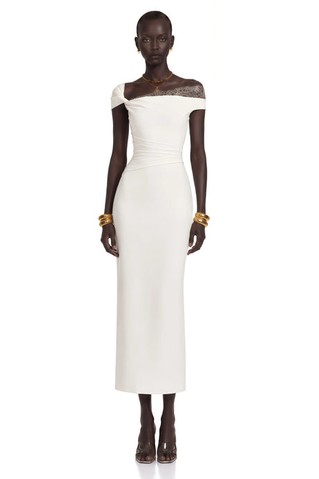 Adelina Midi Dress White One Shoulder with Lace Panels
