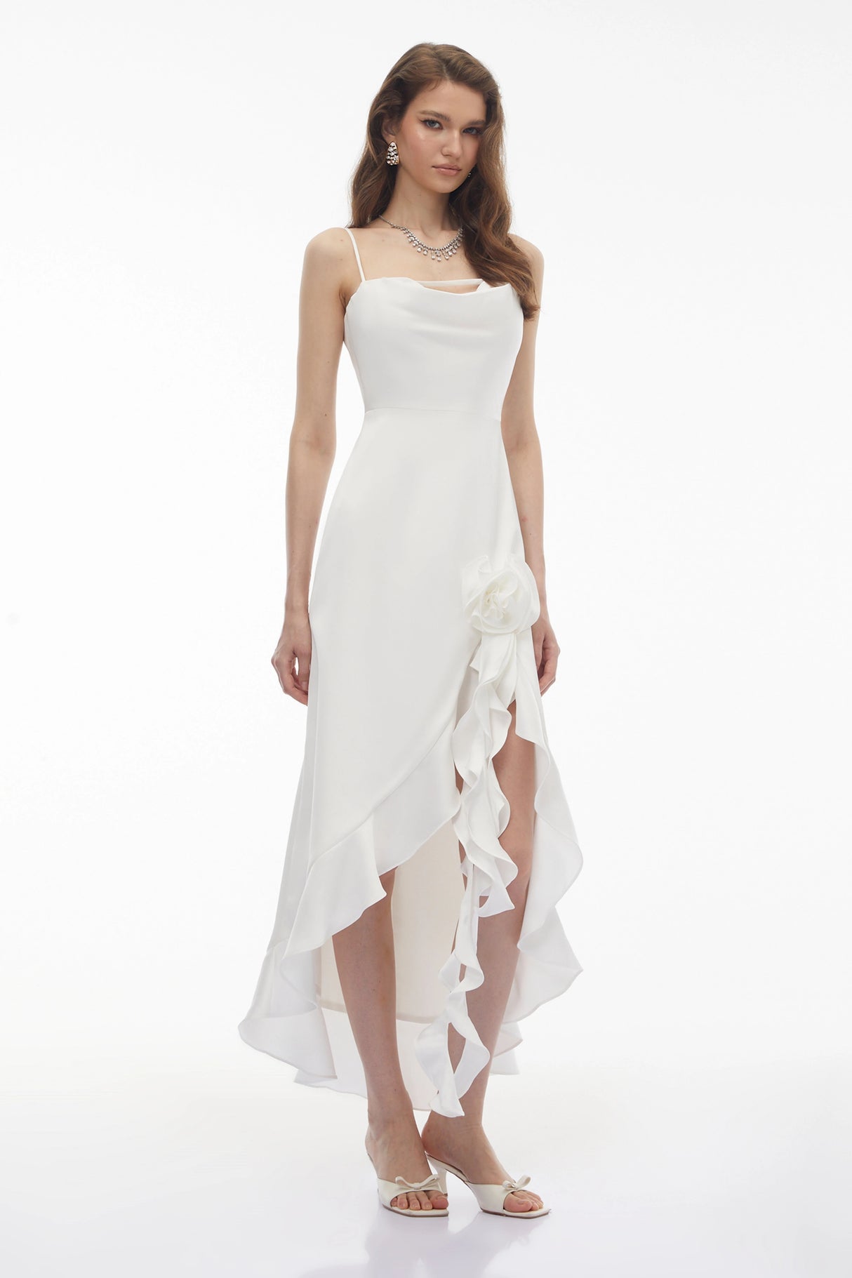 Rosie White Ruffled Maxi Dress with 3D Floral