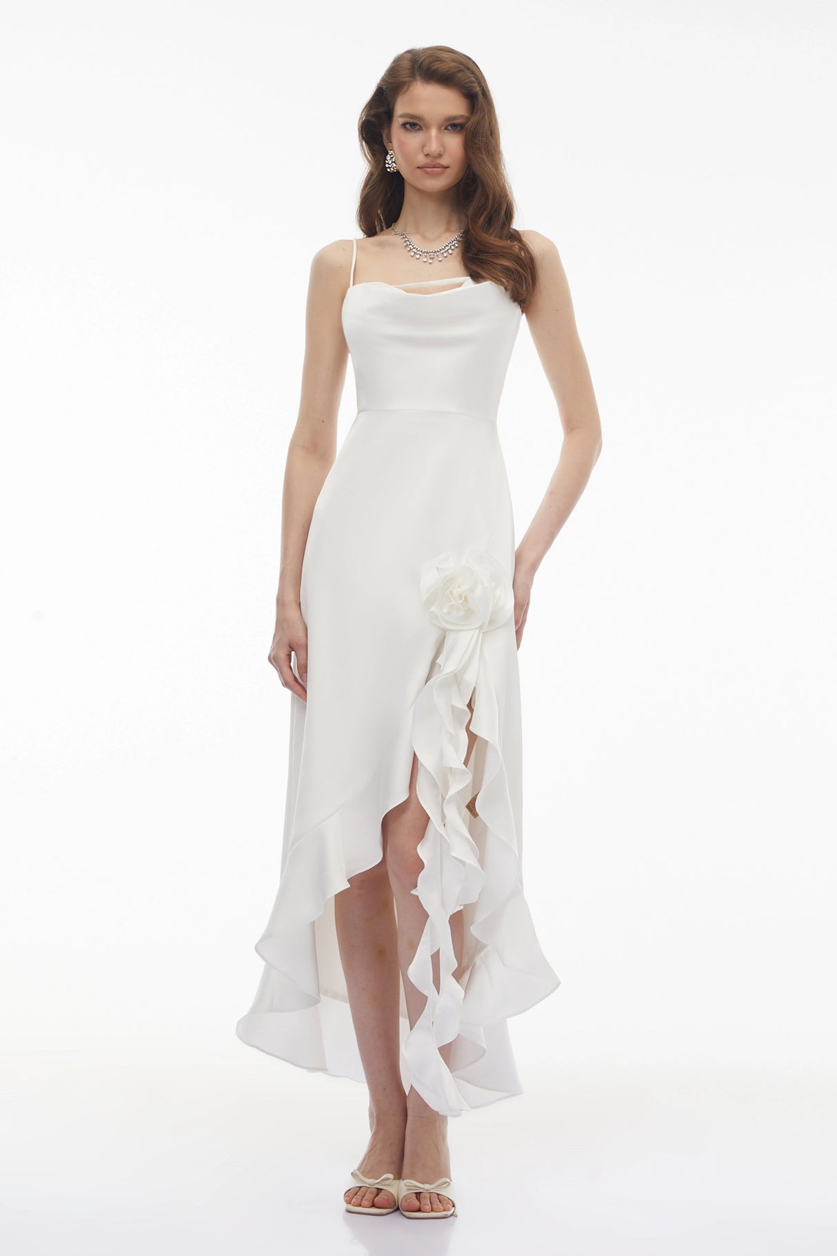 Rosie White Ruffled Maxi Dress with 3D Floral