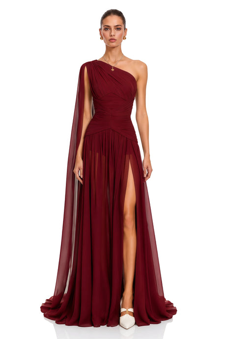 Luisa Maxi Dress Burgundy One Shoulder Ruched