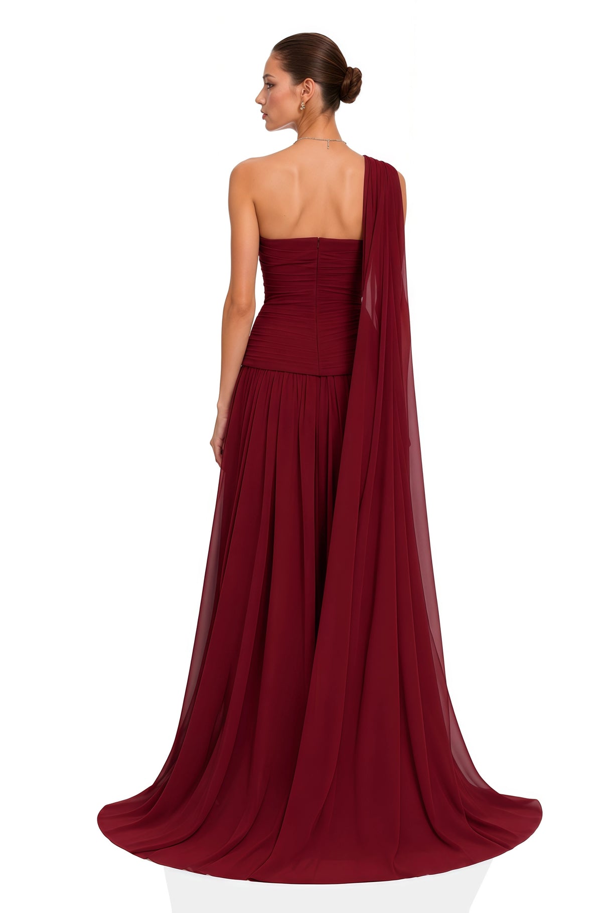 Rowena Burgundy One Shoulder Ruched Maxi Dress