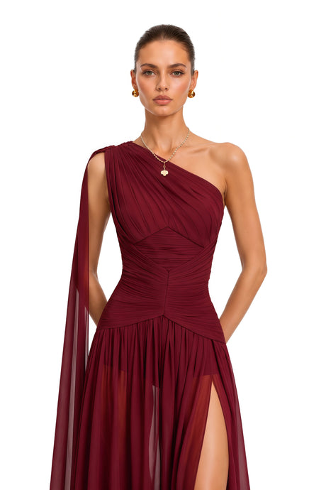 Luisa Maxi Dress Burgundy One Shoulder Ruched