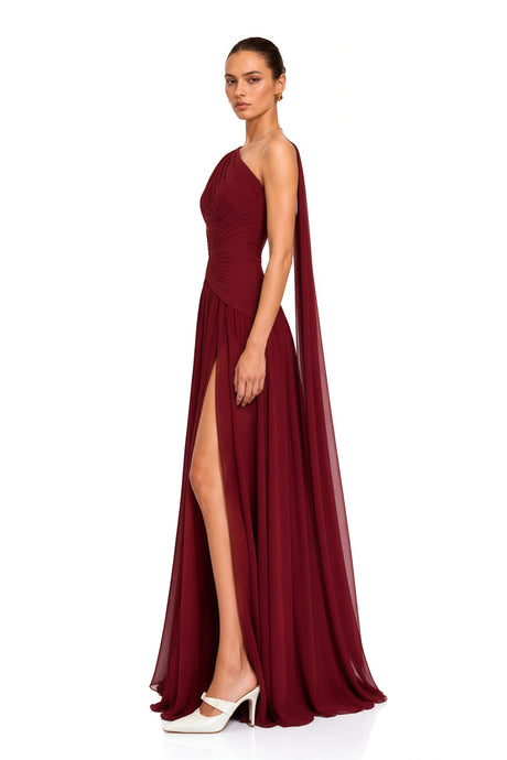 Luisa Maxi Dress Burgundy One Shoulder Ruched
