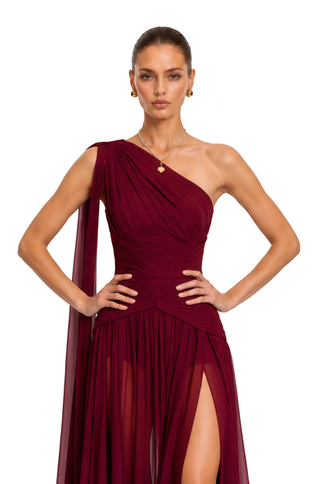 Luisa Maxi Dress Burgundy One Shoulder Ruched