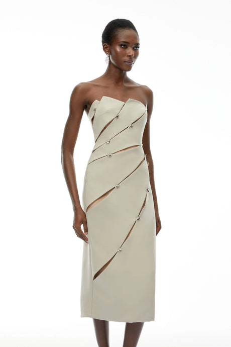 Nadia Midi Dress Khaki Asymmetrical Off Shoulder