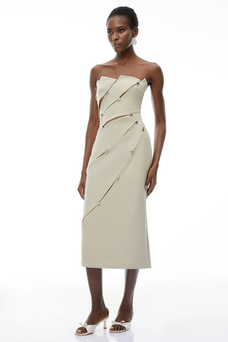 Nadia Midi Dress Khaki Asymmetrical Off Shoulder