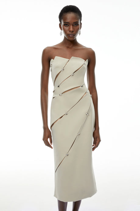 Nadia Midi Dress Khaki Asymmetrical Off Shoulder