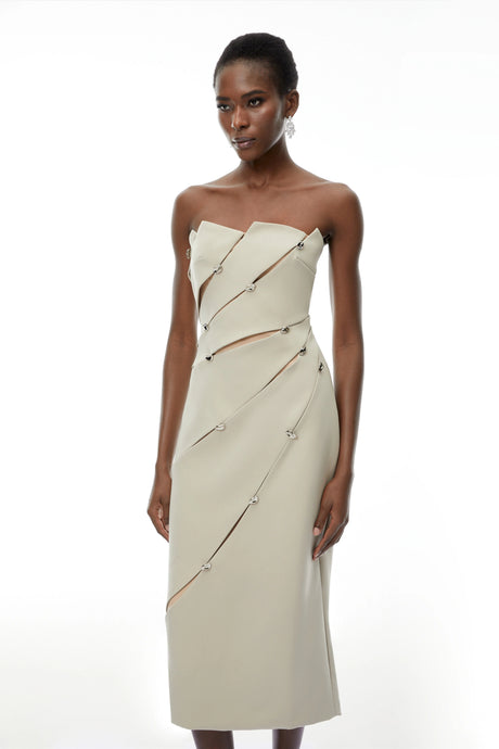 Nadia Midi Dress Khaki Asymmetrical Off Shoulder