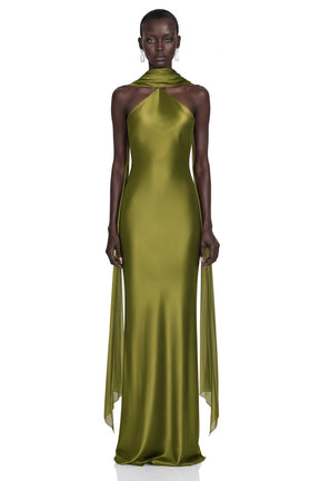 Rowena Olive Green Halterneck Maxi Dress With Scarf