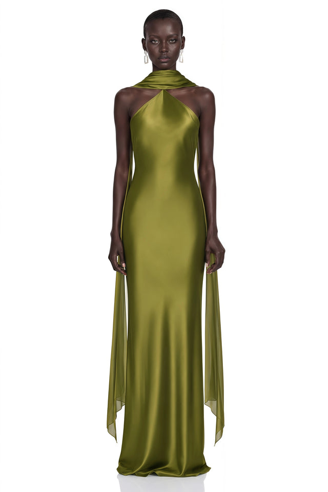 Rowena Olive Green Halterneck Maxi Dress With Scarf