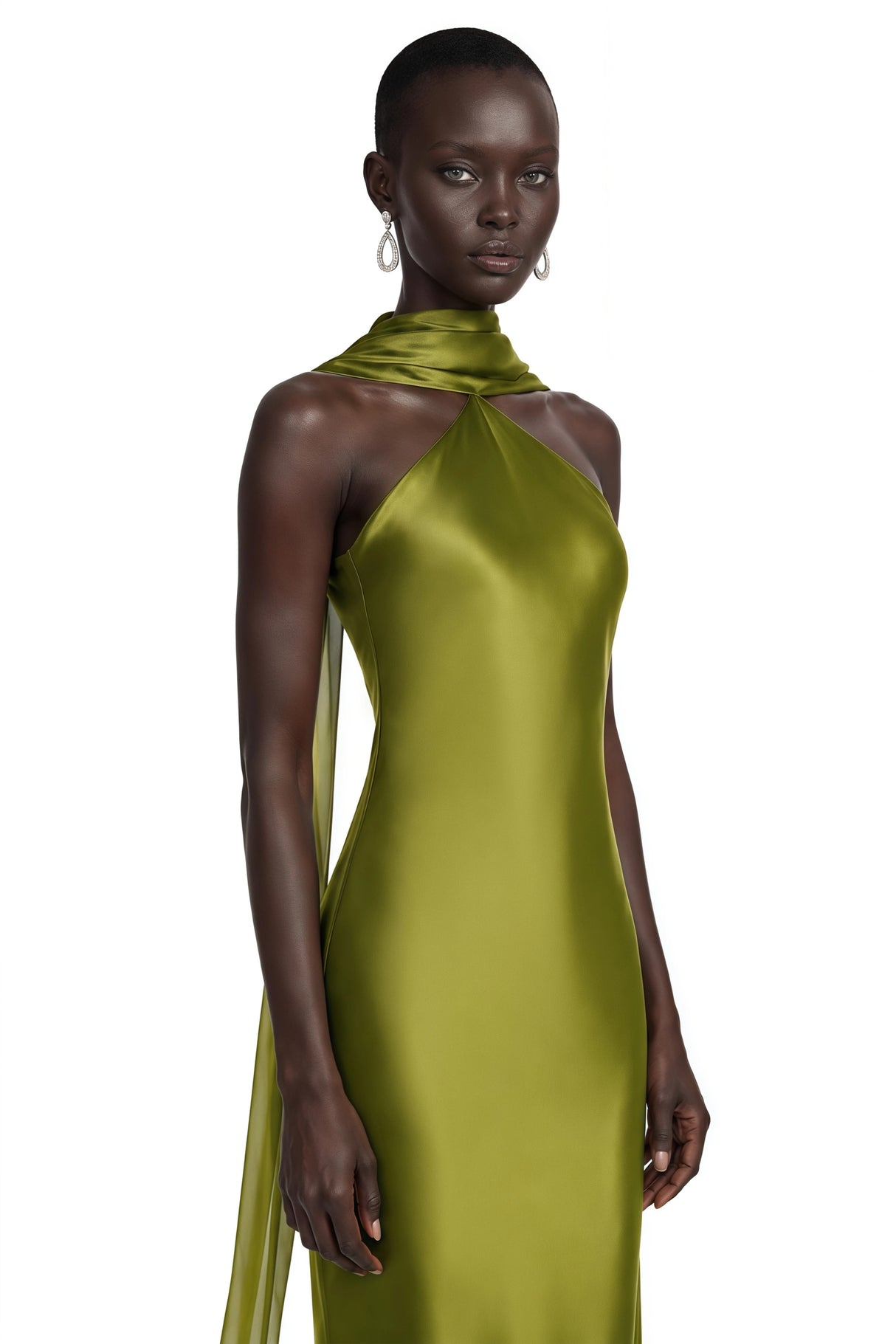 Rowena Olive Green Halterneck Maxi Dress With Scarf