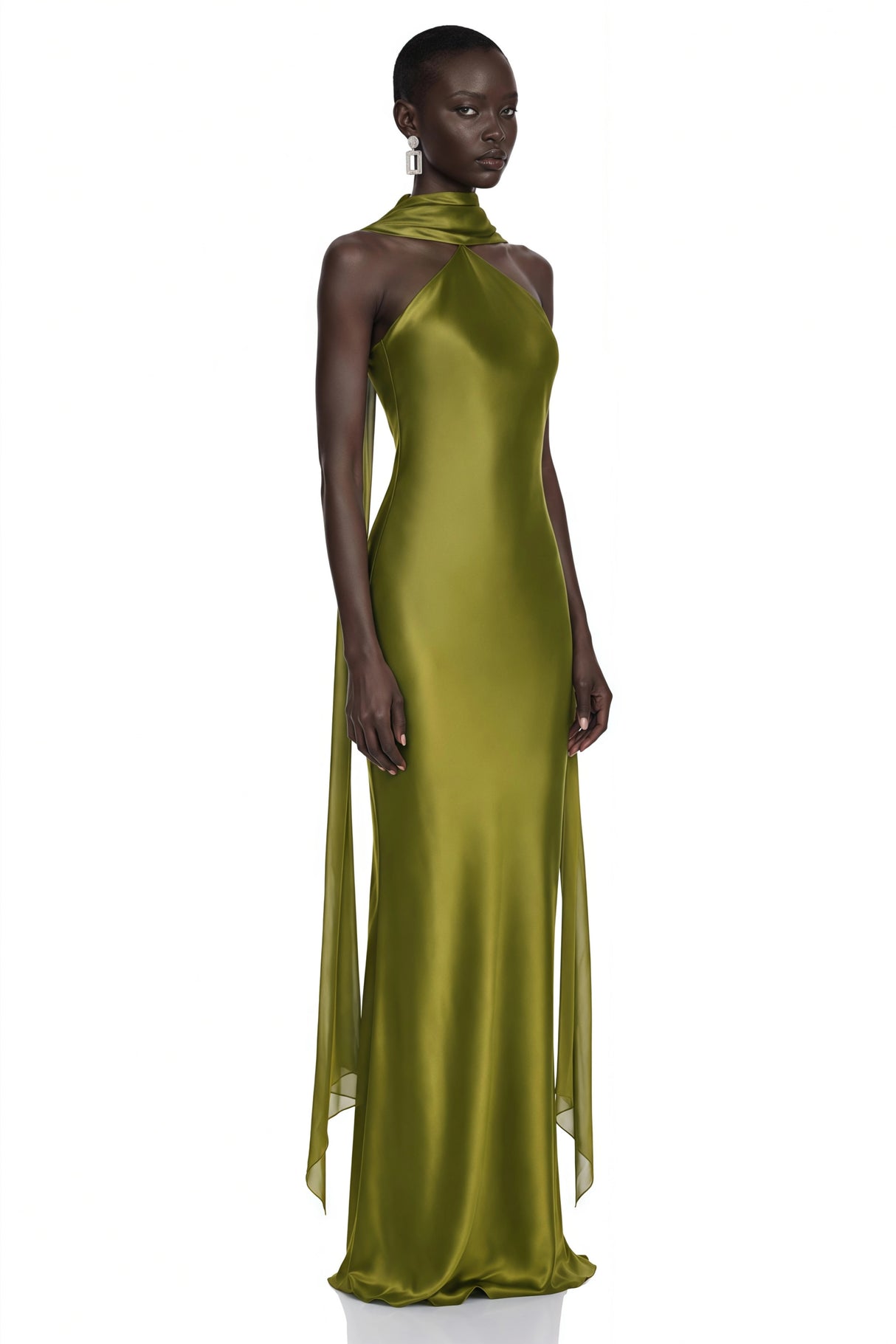 Rowena Olive Green Halterneck Maxi Dress With Scarf