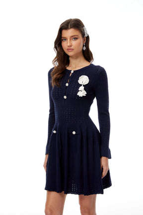 Roxane Navy Blue Pointelle Knit Mini Dress