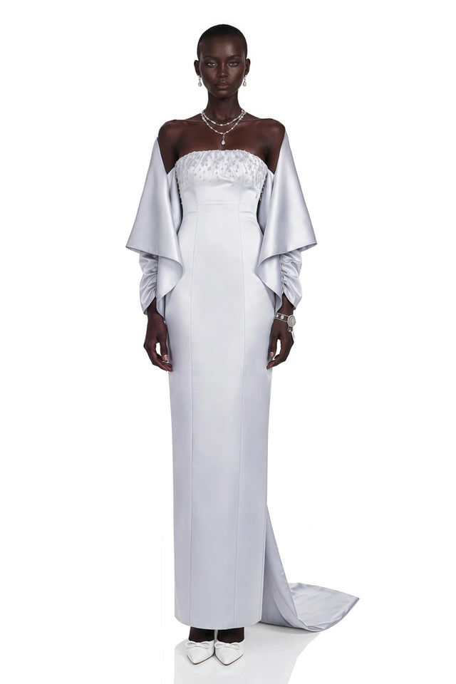 Runa Grey Cape Sleeve Rhinestone Maxi Dress  Jacket Set