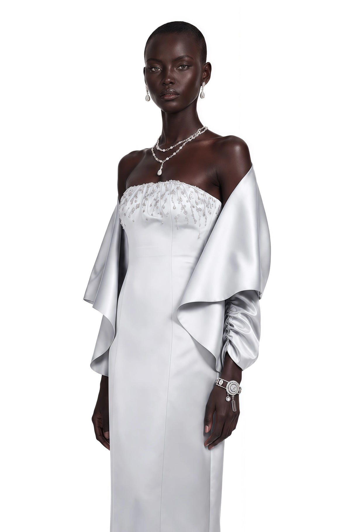 Runa Grey Cape Sleeve Rhinestone Maxi Dress  Jacket Set